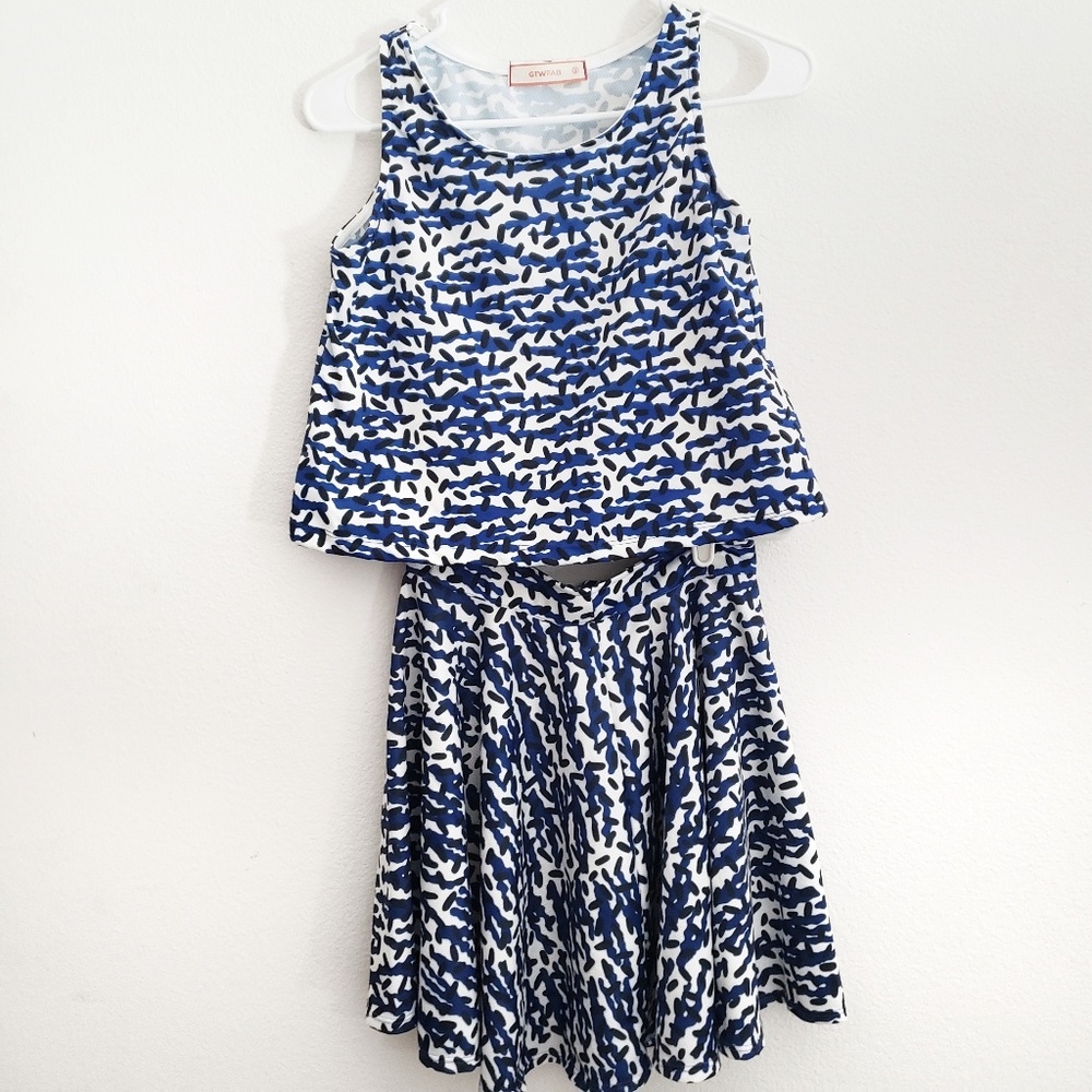 Top Skirt Set Tiger Stripe Blue White